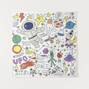 Doodle-Stil, Raum-Thema-Abbildung. Wandteppich
