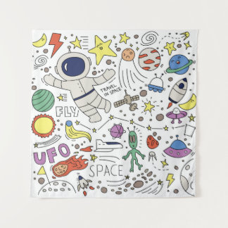 Doodle-Stil, Raum-Thema-Abbildung. Wandteppich