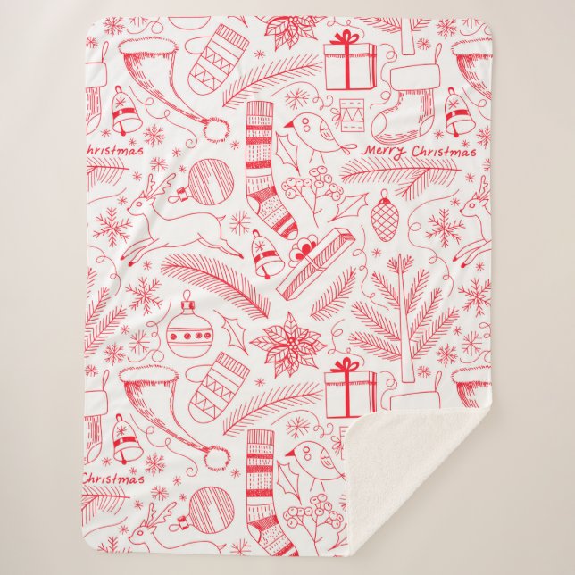 Doodle Weihnachtsmuster rot Sherpadecke (Vorderseite)