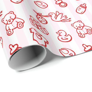 Doodle Whimsical Baby Dusche mit rosa und roter Ha Geschenkpapier