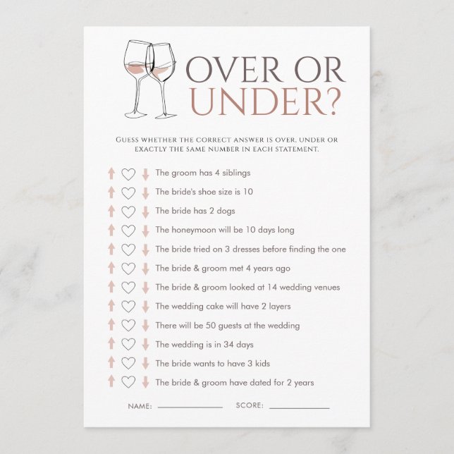 Doodle Wine Over or Under Bridal Shower Game Card Einladung (Vorderseite)