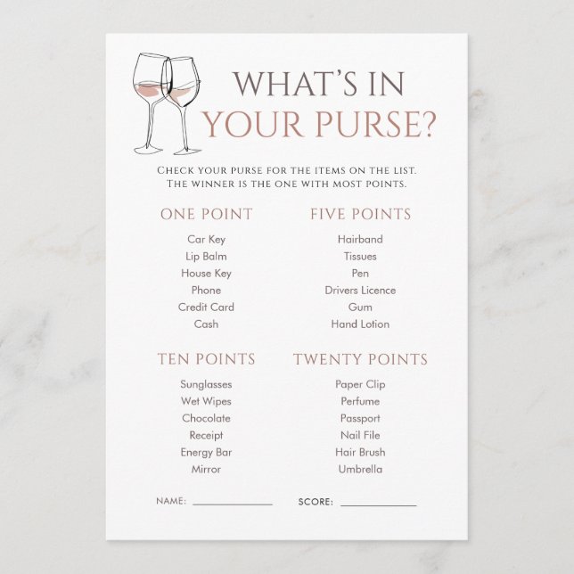Doodle Wine Whats in Purse Bridal Shower Game Einladung (Vorderseite)