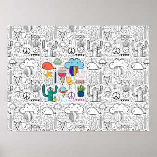 Doodle Zeichnungen für Färben, Katzen, Wolken, Kak Poster