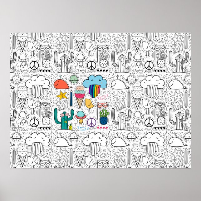 Doodle Zeichnungen für Färben, Katzen, Wolken, Kak Poster (Vorne)