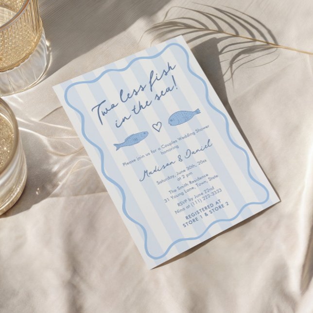 Doodle zwei weniger Fisch im meeresgebundenen Polt Einladung (Modern hand-drawn Two Less Fish In The Sea co-ed bridal shower invitation with handwritten font)