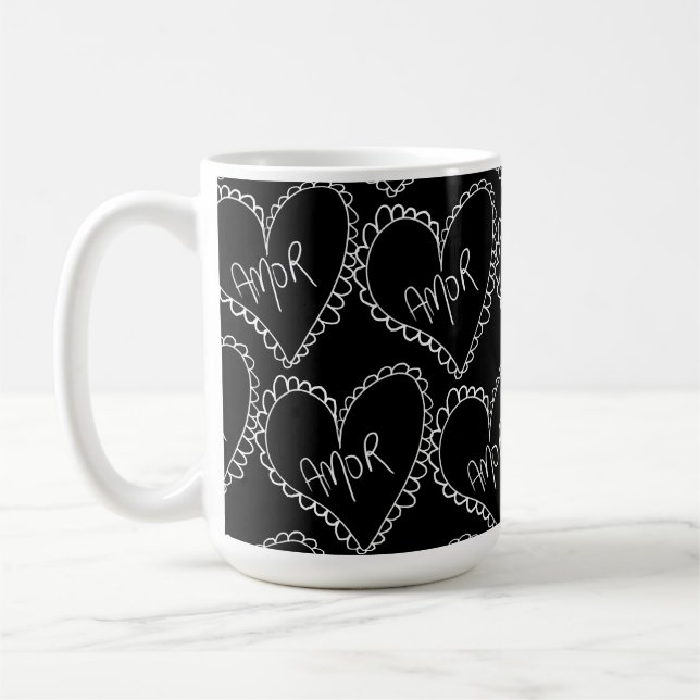 Doodles Black Hearts Valentines Day Pink Kaffeetasse (Links)