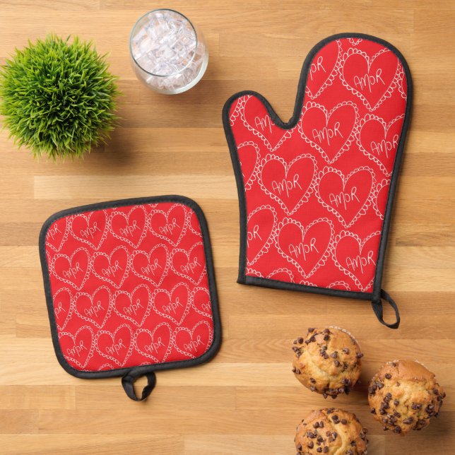 Doodles Black Hearts Valentines Day Red Ofenhandschuh & Topflappen-Set (Oben Unten)