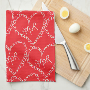 Doodles Black Hearts Valentinstag Rot Geschirrtuch