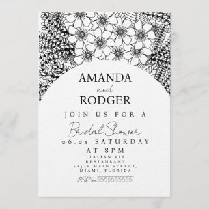 Doodles Florals Schwarz Weiß Brautparty Einladung