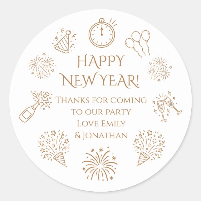 Doodles Gold text New Year Party Thank you  Runder Aufkleber (Vorderseite)