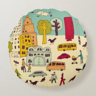 Doodles urbane Parklandschaft beim Spaziergang Far Rundes Kissen