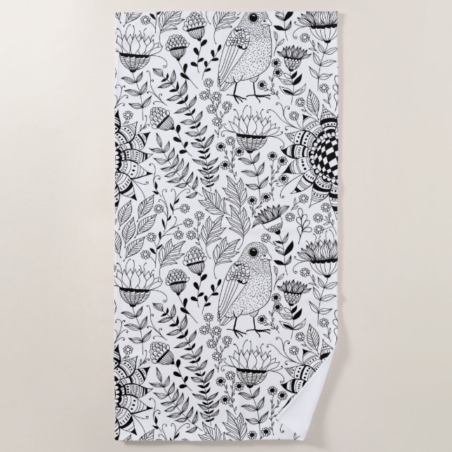 Doodmuster für Vögel und Blume Strandtuch (Vorderseite)