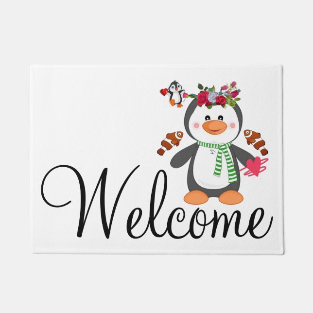 Doormat Happy Valentine's Day Pinguin Hearts Fußmatte (Vorderseite)