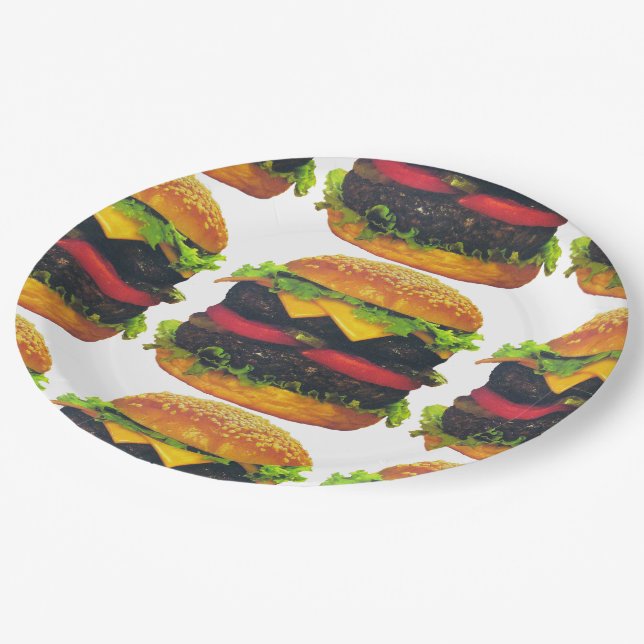 Doppel-Deluxe Hamburger mit Käsepapier-Tellern Pappteller (Schrägansicht)