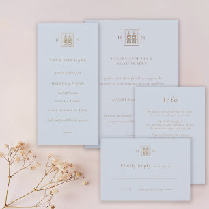 Doppel-Glück Dusty Blue & Gold chinesische Hochzei Save The Date