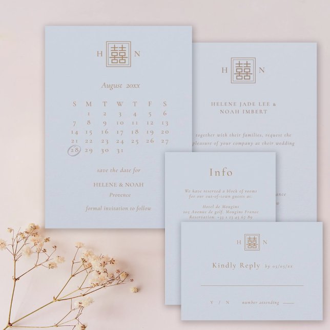 Doppel-Glück Dusty Blue & Gold chinesische Hochzei Save The Date (Von Creator hochgeladen)