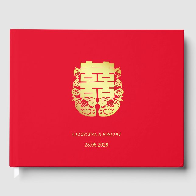 Doppel-Glück & Mandarin Ducks Chinesische Hochzeit Gästebuch (Vorderseite)