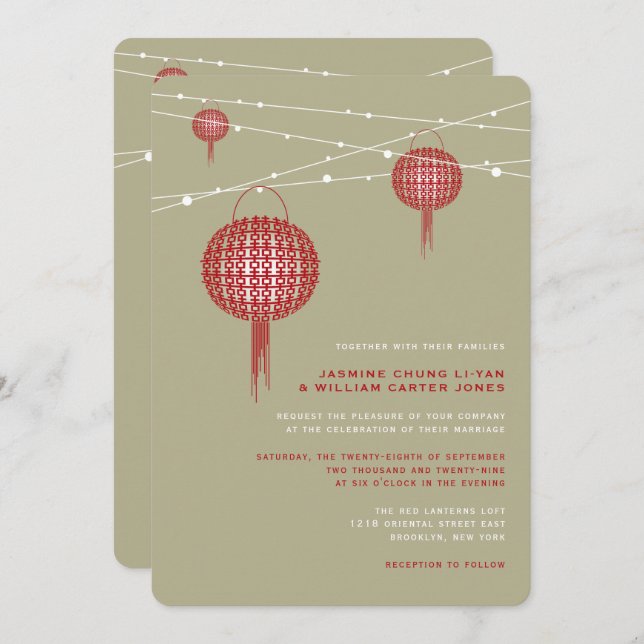 Doppel Glück Red Lanterns Chic Chinese Wedding Einladung (Vorne/Hinten)