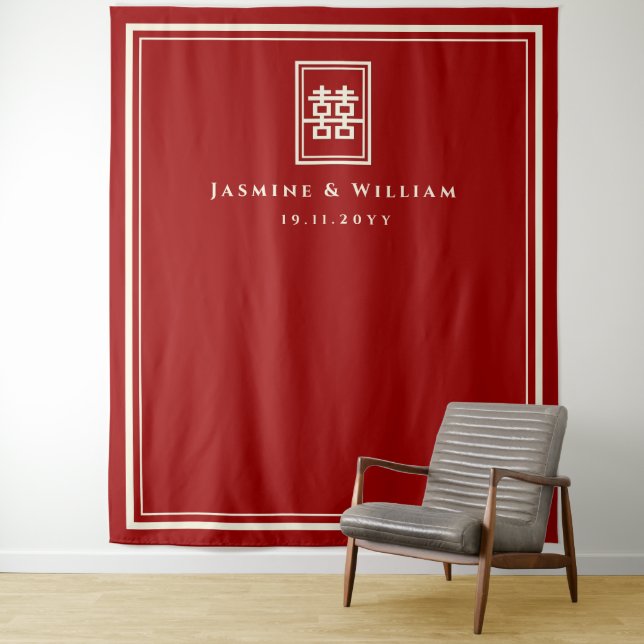 Doppel-Happy Chinesisch Hochzeit Foto Hintergrund Wandteppich (Beispiel)