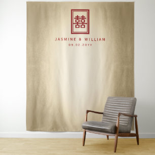 Doppel-Happy Chinesisch Hochzeit Foto Hintergrund Wandteppich