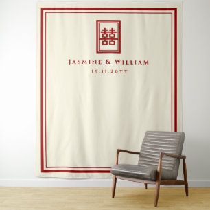 Doppel-Happy Chinesisch Hochzeit Foto Hintergrund Wandteppich