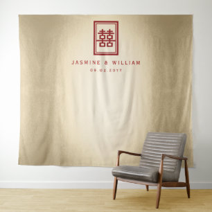 Doppel-Happy Chinesisch Hochzeit Foto Hintergrund Wandteppich