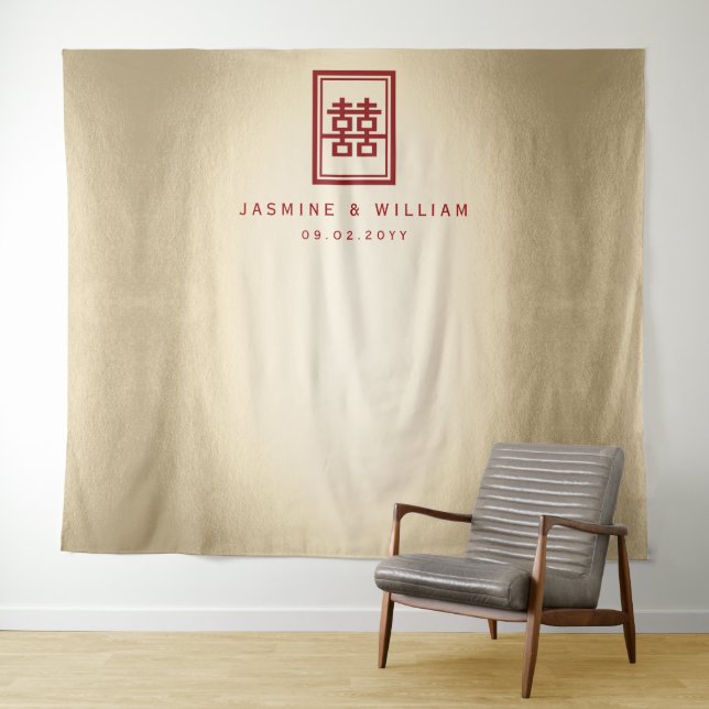 Doppel-Happy Chinesisch Hochzeit Foto Hintergrund Wandteppich (Beispiel (Horizontal))