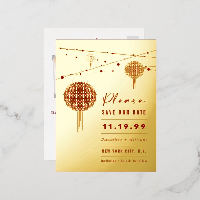 Doppel-Happy Lanterns Chinesisch Save the Date für Folie Einladungspostkarte (Vorderseite/Rückseite)