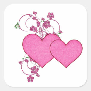 Doppel-Rosa Herz & Glitzer Design Valentinstag Quadratischer Aufkleber