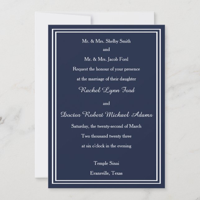 Doppel-Weiß/Navy-Trim - 12x18Hochzeitseinladung Einladung (Vorderseite)