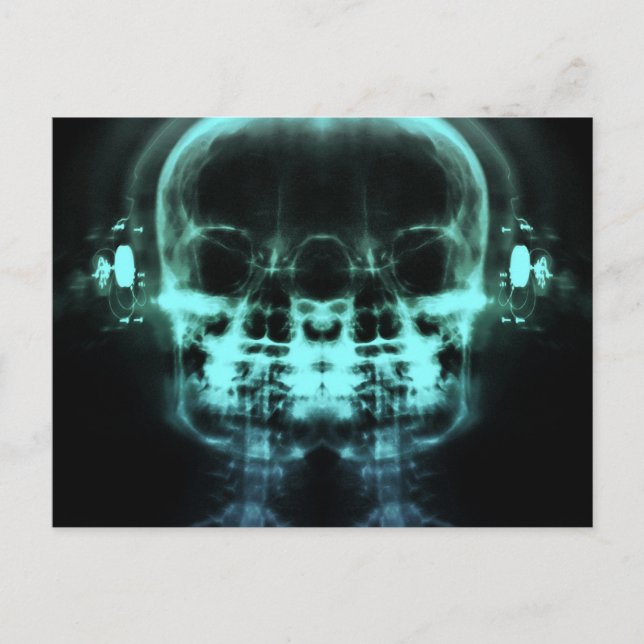 Doppel-X-Ray-Skulls mit Kopfhörern - Aquamarin Postkarte (Vorderseite)