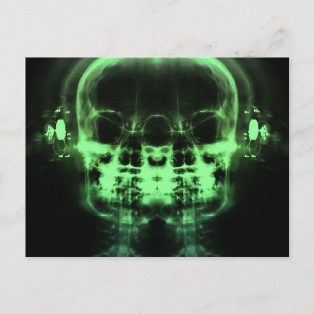 Doppel-X-Ray-Skulls mit Kopfhörern - grün Postkarte (Vorderseite)