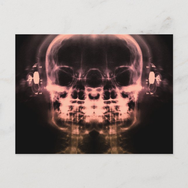 Doppel-X-Ray-Skulls mit Kopfhörern - Orange Postkarte (Vorderseite)