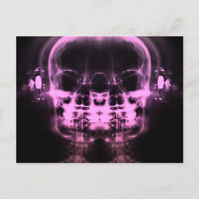 Doppel-X-Ray-Skulls mit Kopfhörern - Rosa Postkarte (Vorderseite)