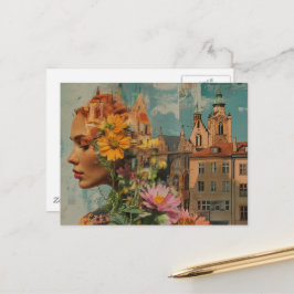 Doppelbelichtete Dame mit Blumen und Gebäuden Postkarte