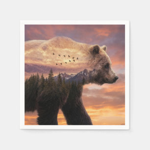 Doppelbelichtung mit Grizzlybär und Bergszene Serviette