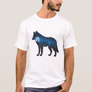 Doppelbelichtung Wolfssilhouette Mondlicht und Ste T-Shirt