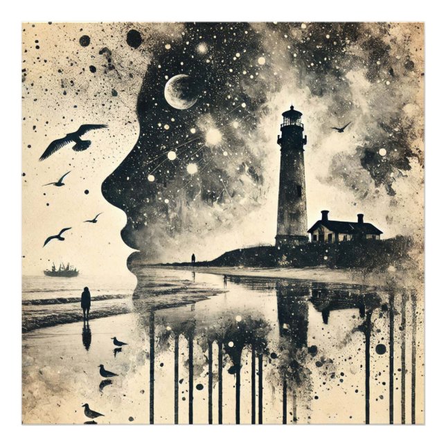 Doppelbelichtungsporträt mit Starry Sky Lighthous Fotodruck (Vorne)