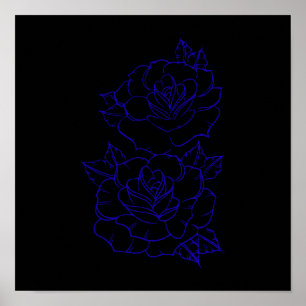 Doppelblaue Rosen-Linienkunst-Tätowierungsdesign Poster
