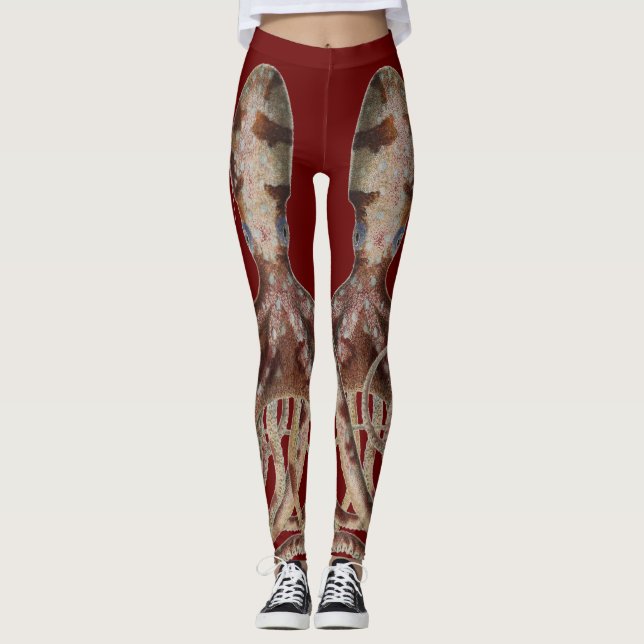 Doppelblauer Kraken auf blutroten Leggings (Vorderseite)