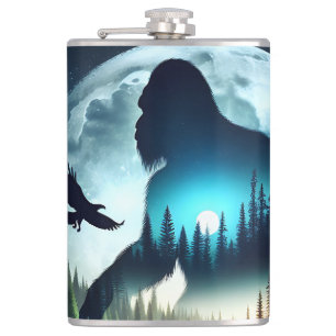 Doppelexposition Bigfoot, Adler und Vollmond Flachmann