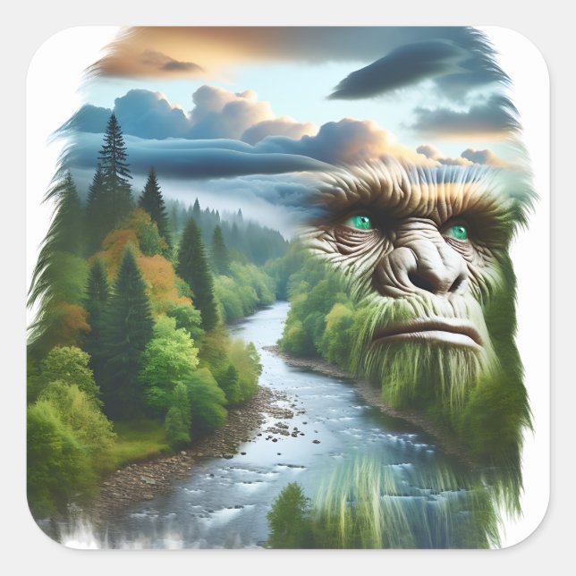 Doppelexposition Bigfoot in der Natur Quadratischer Aufkleber (Vorderseite)