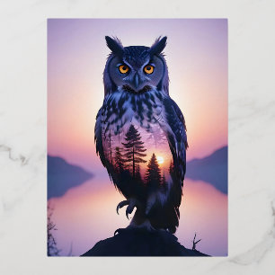 Doppelexposition von Owl Animal Nature Wilderness  Folien Feiertagspostkarte