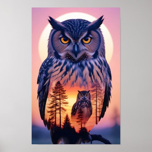 Doppelexposition von Owl Animal Nature Wilderness  Poster (Vorne)