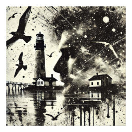 Doppelexpositioneller Mann mit Leuchtturm und Seeg Fotodruck