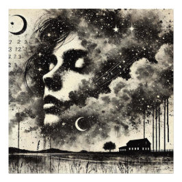 Doppelexposure Frau mit Seagulls und Sternenhimmel Fotodruck