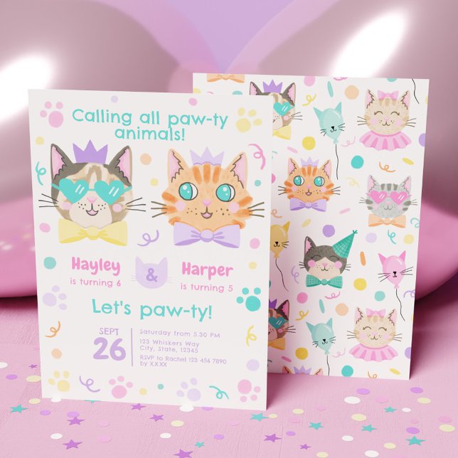 Doppelfeier Niedlich Kitty kombinierte Geburtstag Einladung (Double Celebration Cute Kitty Combined Birthday Invitation)