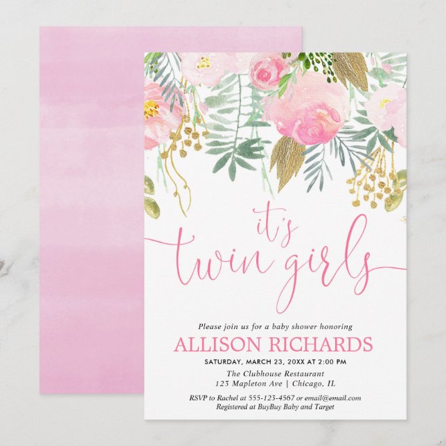 Doppelgrün-BlumenAquarell der mädchen rosa Gold Einladung (Vorne/Hinten)