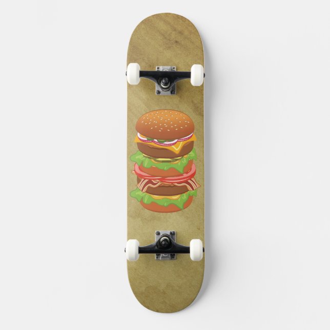 Doppelhamburger mit Käse und Speck Skateboard (Vorderseite)