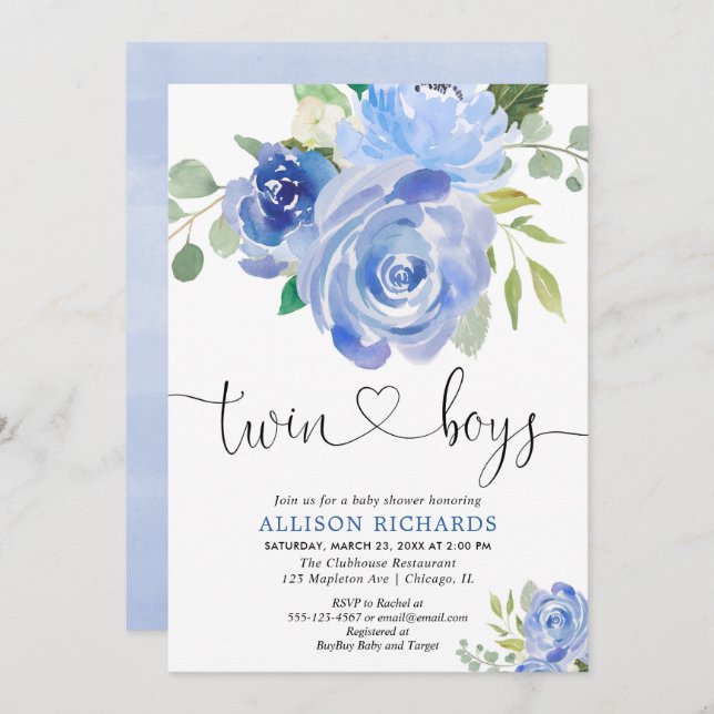 Doppeljungen-Babyparty-Marinegrün mit Blumen Einladung (Vorne/Hinten)